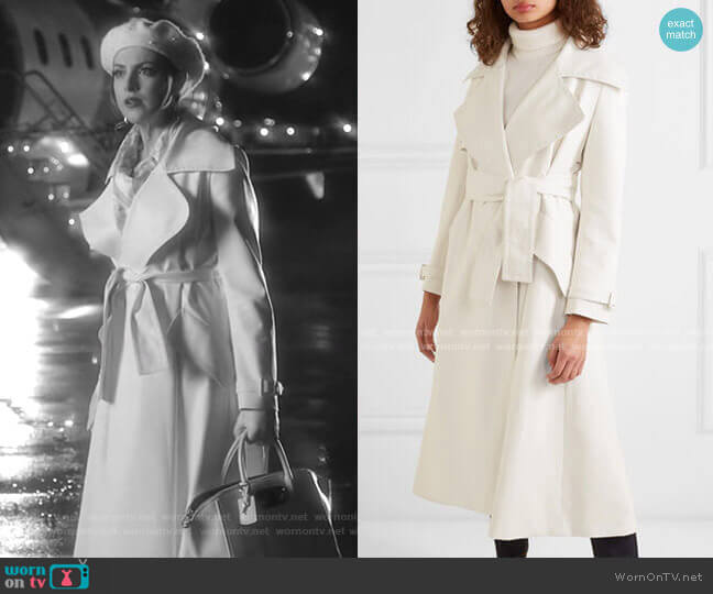 Belted Faux-Leather Trench Coat by Sara Battaglia worn by Fallon Carrington (Elizabeth Gillies) on Dynasty