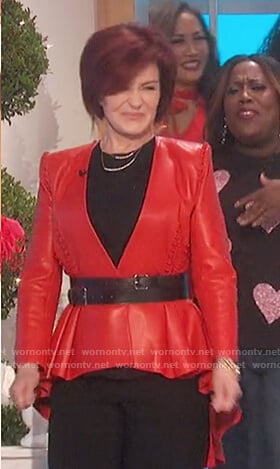 Sharon’s red leather asymmetric jacket on The Talk