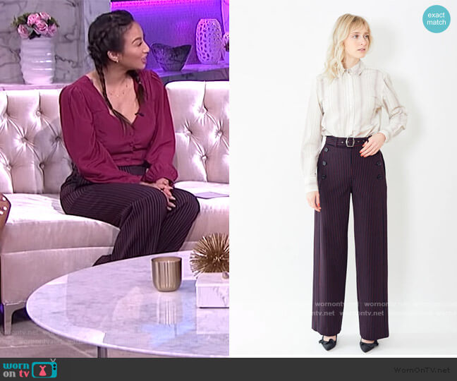 Anouk Pinstripe Belted Pants by Sies Marjan worn by Jeannie Mai on The Real