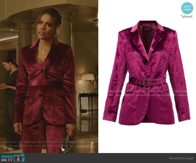 Terry Belted Crushed-Velvet Blazer by Sies Marjan worn by Cristal Jennings (Daniella Alonso) on Dynasty