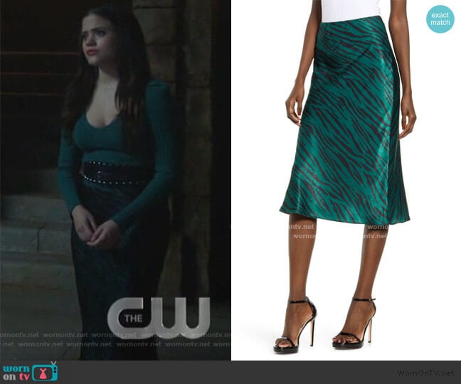 Zebra Print Bias Cut Satin Skirt by Socialite worn by Maggie Vera (Sarah Jeffery) on Charmed