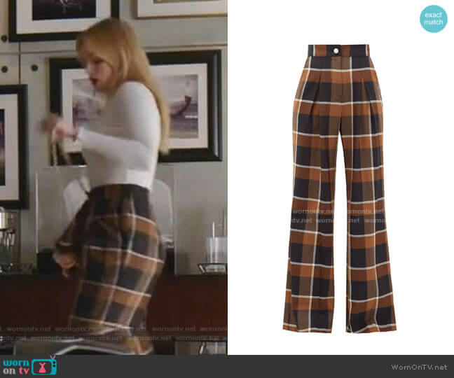 Moon checked wool-blend wide-leg trousers by Staud worn by Kirby Anders (Maddison Brown) on Dynasty