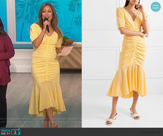 Panier Asymmetric Ruched Gingham Dress by Staud worn by Carrie Inaba on The Talk