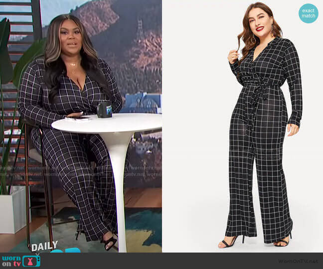 Surplice Neck Tie Waist Palazzo Grid Jumpsuit by Shein worn by Nina Parker on E! News