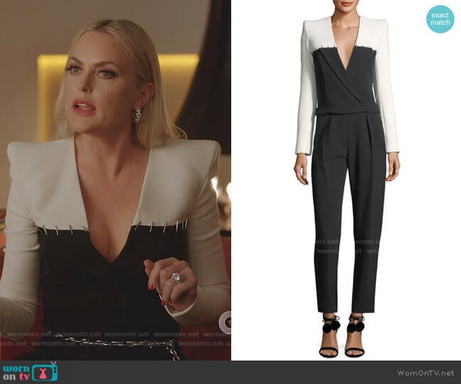 Colorblock Staple-Trim Tuxedo Jumpsuit by Mugler worn by Alexis Carrington (Elaine Hendrix) on Dynasty