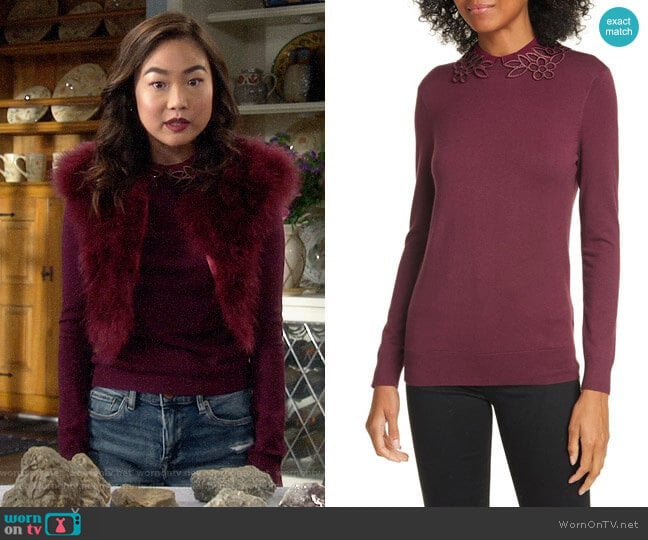 Ted Baker Azaleo Sweater in Deep Purple worn by Jen (Krista Marie Yu) on Last Man Standing