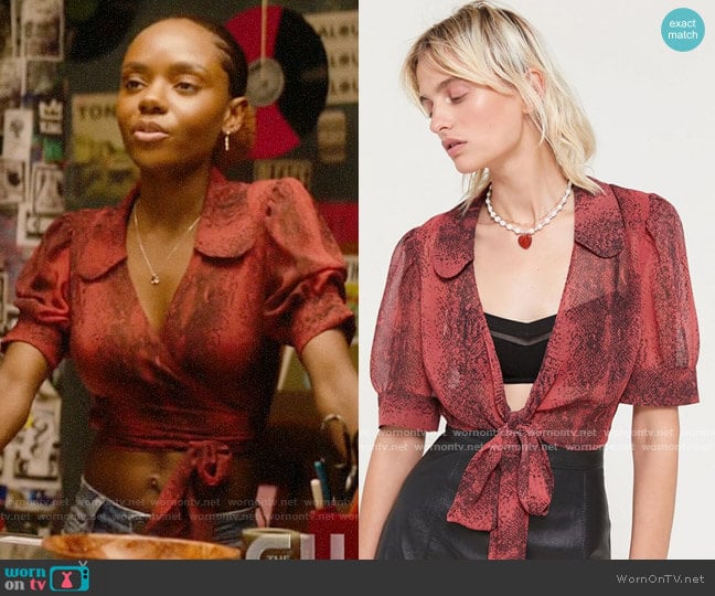 UO Lilah Snake Print Wrap Top worn by Josie McCoy (Ashleigh Murray) on Katy Keene