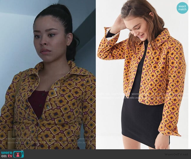 Printed Corduroy Cropped Jacket by Urban Outfitters worn by Mariana Foster (Cierra Ramirez) on Good Trouble