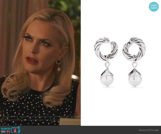 Velasquez Silver Faux Pearl Hoop Earrings by Sophie Buhai worn by Alexis Carrington (Elaine Hendrix) on Dynasty