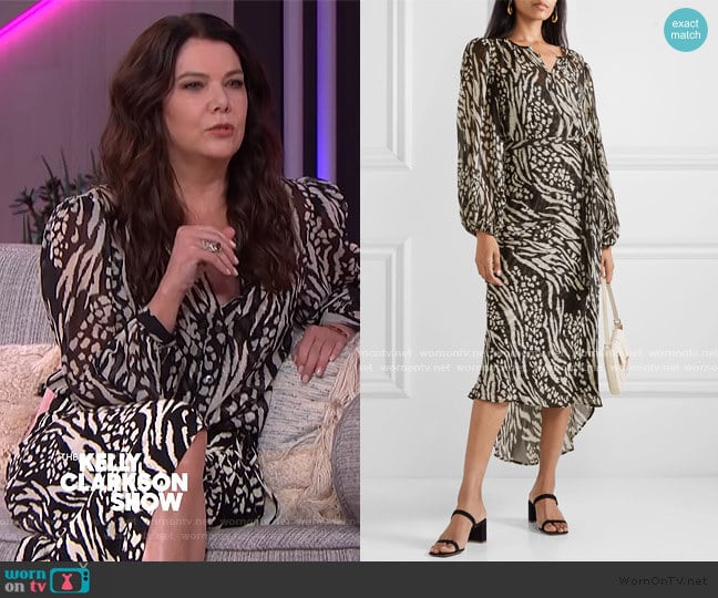 Mavis Stripe & Spot Print Long Sleeve Silk Dress by Veronica Beard worn by Lauren Graham on The Kelly Clarkson Show