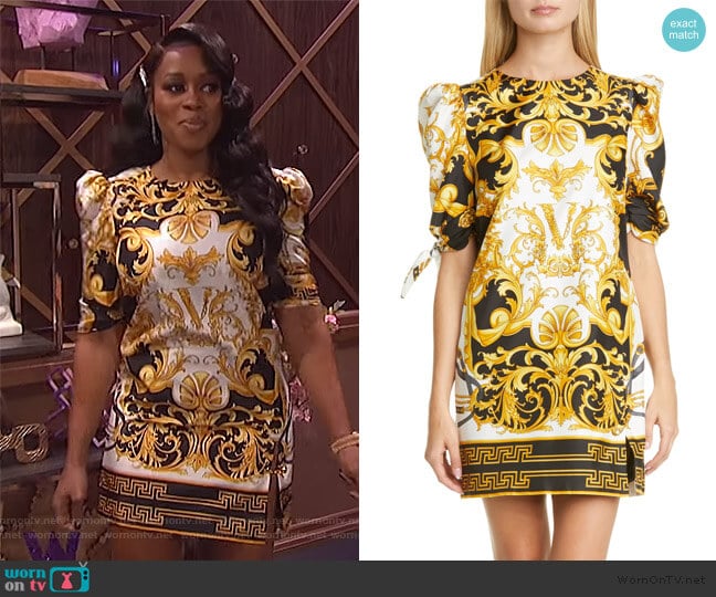 Versace V Barocco Print Tie Sleeve Silk Shift Minidress by Versace worn by Remy Ma on The Wendy Williams Show worn by Wendy Williams on The Wendy Williams Show