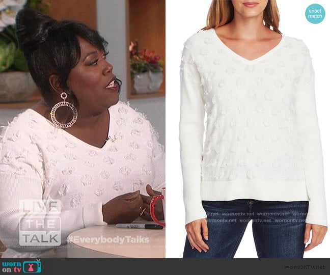 Floating Fringe Dot V-Neck Sweater by Vince Camuto worn by Sheryl Underwood on The Talk