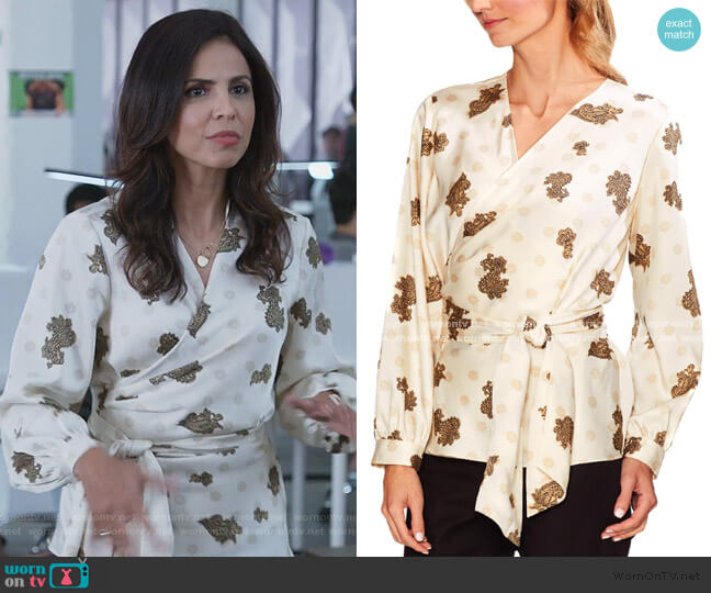 White Paisley Print Blouse by Vince Camuto worn by Azita Ghanizada on Good Trouble