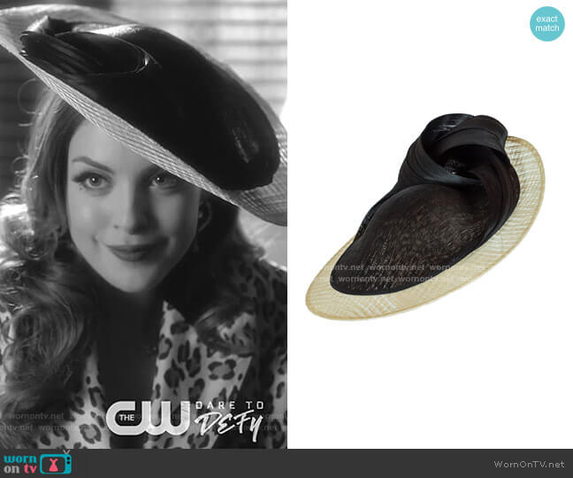 Anything Goes Two-Tone Knotted Disc Hat by Vivien Sheriff worn by Fallon Carrington (Elizabeth Gillies) on Dynasty