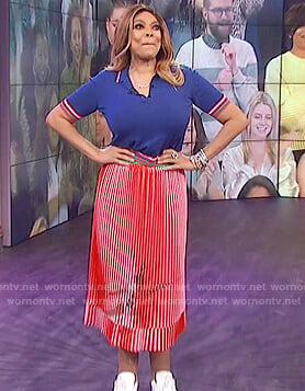 Wendy’s blue stripe trim polo and pleated skirt on The Wendy Williams Show