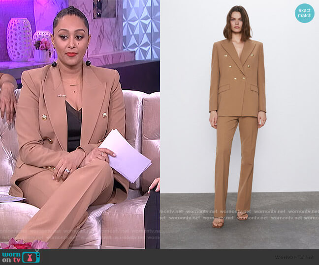 Double Breasted Buttoned Blazer and Flared Pants by Zara worn by Tamera Mowry  on The Real