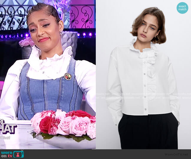 Ruffle Jewell Button Top by Zara worn by Amanda Seales on The Real