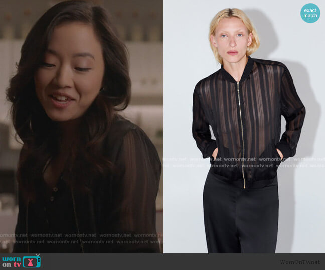 Semi Sheer Bomber Jacket by Zara worn by Janet (Andrea Bang) on Kims Convenience