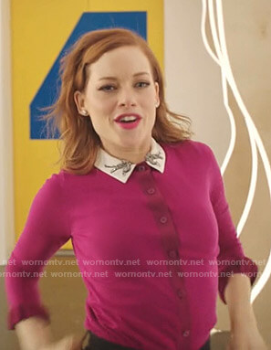 Zoey's pink ruffle cardigan and embellished collar on Zoeys Extraordinary Playlist