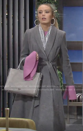 Abby’s long grey flared coat on The Young and the Restless