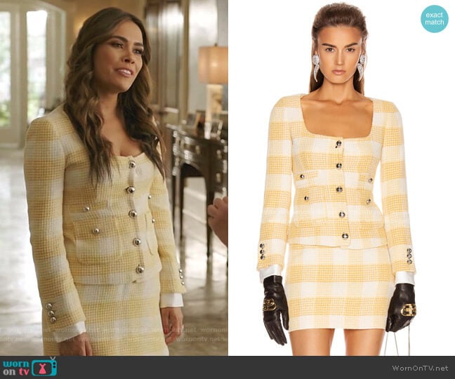 Round Neck Check Tweed Jacket and mini skirt by Alessandra Rich worn by Cristal Jennings (Daniella Alonso) on Dynasty