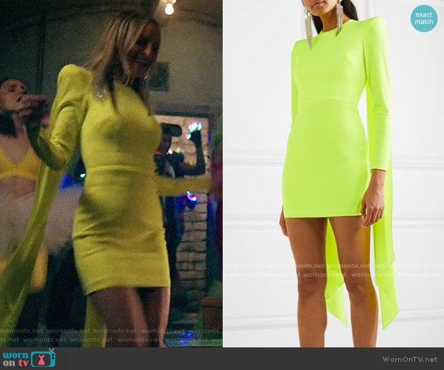 Sierra’s neon yellow draped back mini dress on Bless This Mess