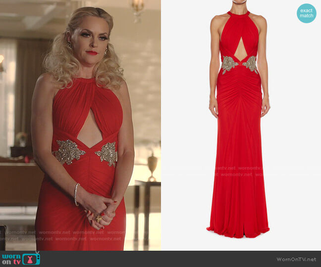 Halterneck Embroidered Evening Dress by Alexander McQueen worn by Alexis Carrington (Elaine Hendrix) on Dynasty