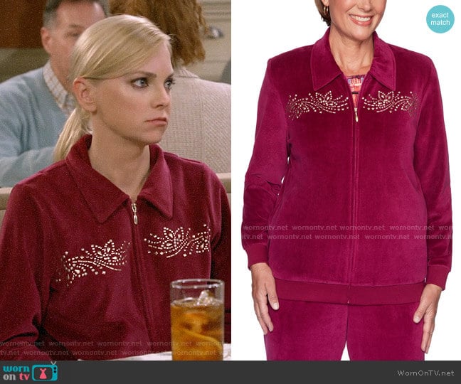 Alfred Dunner Bright Idea Embellished Velour Jacket in Berry worn by Christy Plunkett (Anna Faris) on Mom