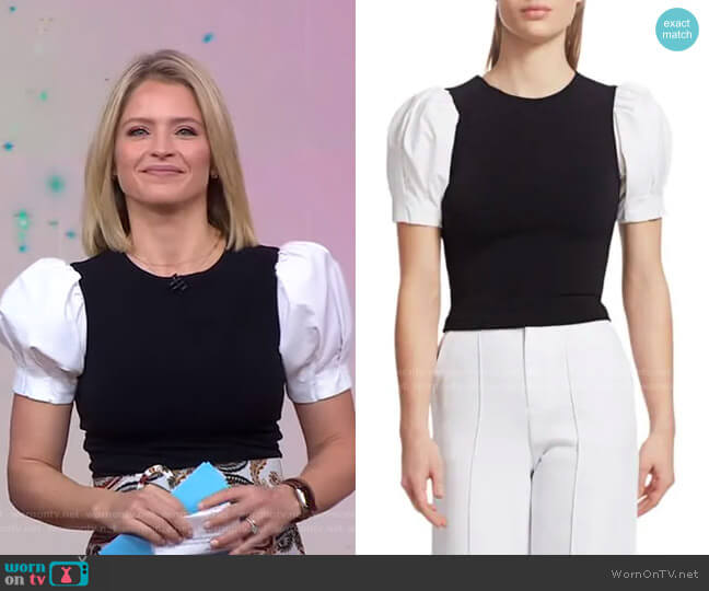 Aubrey Puff-Sleeve Top by Alice + Olivia worn by Sara Haines on Good Morning America