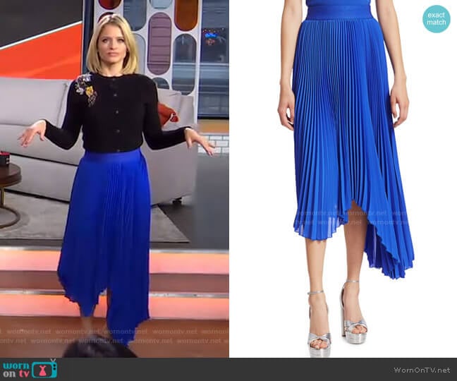 Koryn Asymmetrical Pleated Midi Skirt by Alice + Olivia worn by Sara Haines on Good Morning America