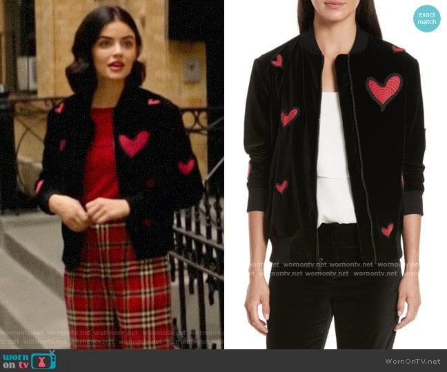 Alice + Olivia Embroidered Patch Oversize Bomber Jacket worn by Katy Keene (Lucy Hale) on Katy Keene