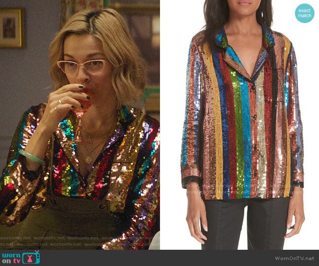 Alice + Olivia Keir Sequin Stripe Blouse worn by Pepper Smith (Julia Chan) on Katy Keene