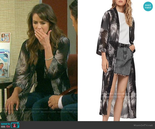 All Saints Carine Feather Print Kimono Robe by All Saints worn by Sarah Horton (Linsey Godfrey) on Days of our Lives