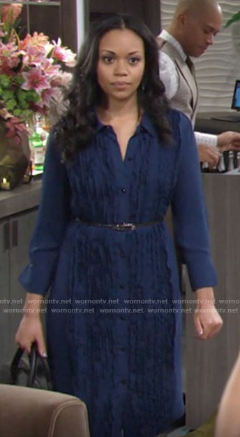 Amanda’s blue ruffled front shirtdress on The Young and the Restless