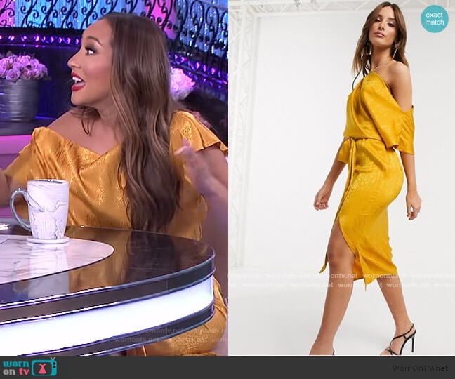 Drape Off Shoulder Midi Dress in golden yellow by Flounce London worn by Adrienne Houghton on The Real