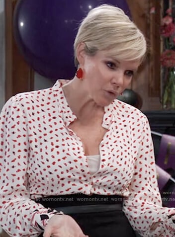 Ava’s mixed print blouse and black high waisted skirt on General Hospital