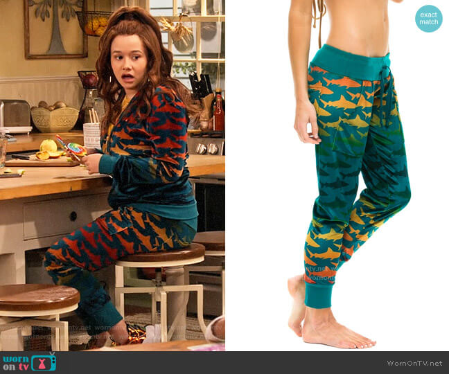 Aviator Nation Velvet Shark Sweatpants worn by Jade (Talia Jackson) on Family Reunion