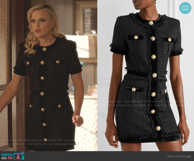 Velvet-Trimmed Frayed Metallic Tweed Mini Dress by Balmain worn by Alexis Carrington (Elaine Hendrix) on Dynasty