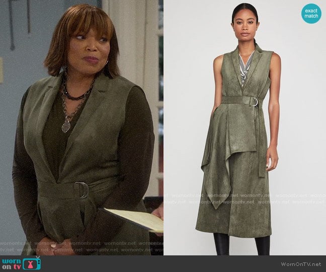 Bcbgmaxazria Faux Suede Drape Front Long Vest worn by Carol on Last Man Standing