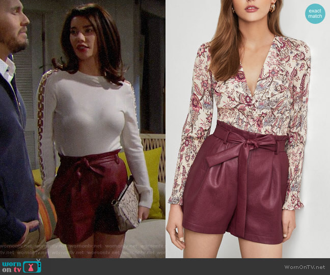 Bcbgmaxazria Paperbag-Waist Faux Leather Shorts worn by Steffy Forrester (Jacqueline MacInnes Wood) on The Bold and the Beautiful