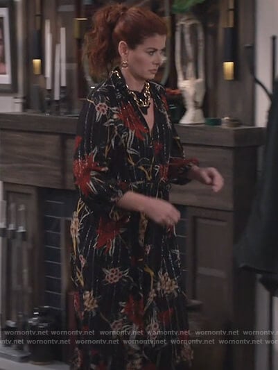 Grace's black metallic floral midi dress on Will and Grace