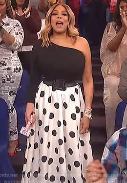 Wendy's black one shoulder top and white polka dot skirt on The Wendy Williams Show