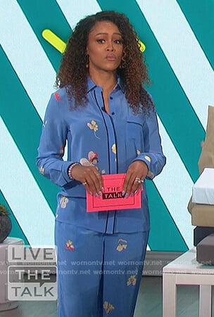 Eve’s blue floral pajama style shirt and pants on The Talk