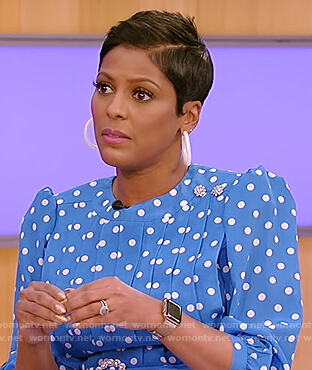 Tamron’s blue polka dot dress on Tamron Hall Show