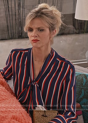 Mallory's blue stripe tie neck blouse on Grace and Frankie