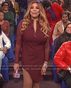 Wendy’s burgundy asymmetric dress on The Wendy Williams Show