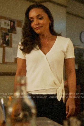 Cecile's white wrap top on The Flash