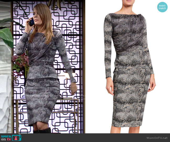 Chiara Boni La Petite Robe Snake-Print Long-Sleeve Dress with Sheer Bodice Overlay worn by Phyllis Summers (Michelle Stafford) on The Young and the Restless