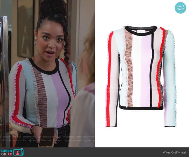 Frill Stripe Panel by Cinq a Sept worn by Kat Edison (Aisha Dee) on The Bold Type