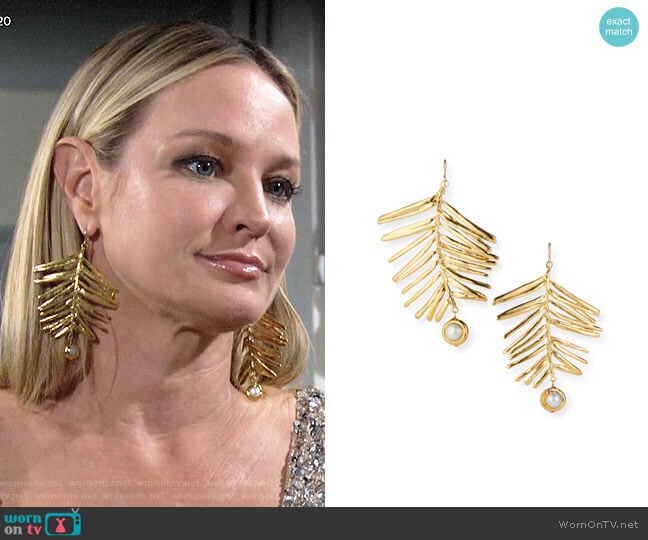 Devon Leigh Large Gold Leaf Pearl and Gold Earrings worn by Sharon Newman (Sharon Case) on The Young and the Restless